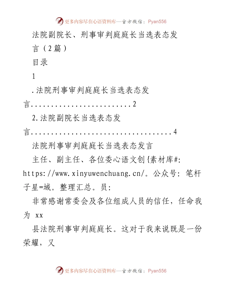 [发言] 法院任命 - 法院副院长及刑事审判庭庭长当选表态发言.docx_第1页