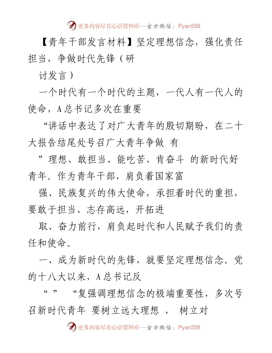 [发言] 研讨会 - 青年干部的责任与担当：争做时代先锋.docx_第1页