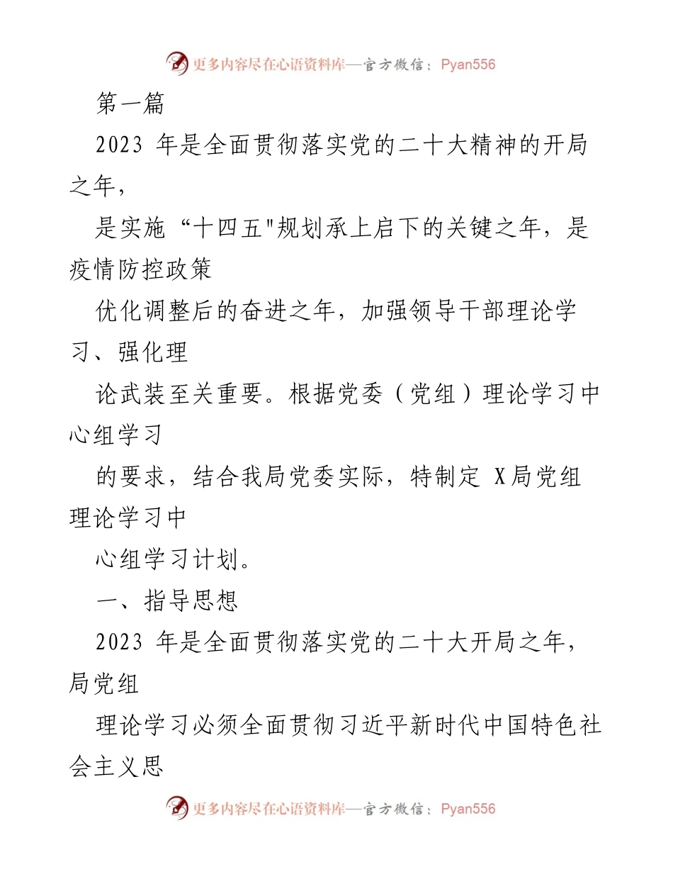 [发言] 理论学习中心组 - 2023年X局党组理论学习计划概述.docx_第1页