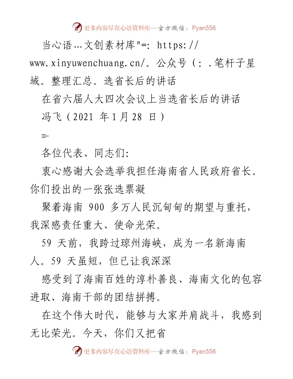 [发言] 省六届人大四次会议 - 冯飞当选海南省长后的表态与承诺.docx_第1页
