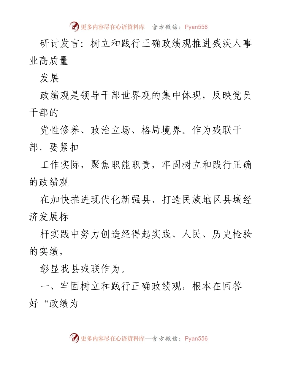 [发言] 研讨会 - 树立正确政绩观，推动残疾人事业高质量发展.docx_第1页