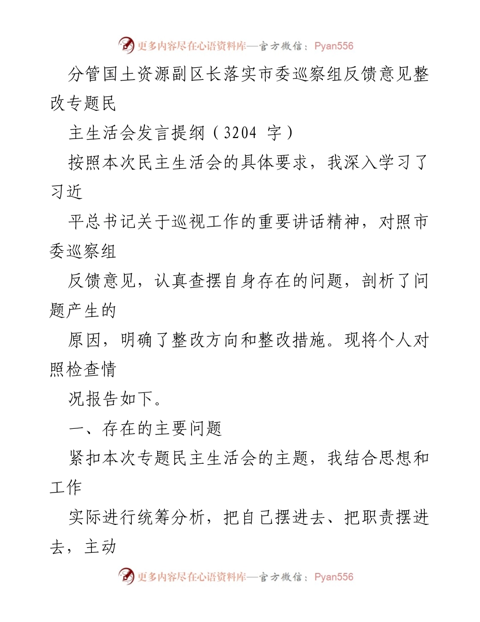 [发言] 民主生活会 - 贯彻落实市委巡察组反馈意见的自我检讨与整改措施.docx_第1页