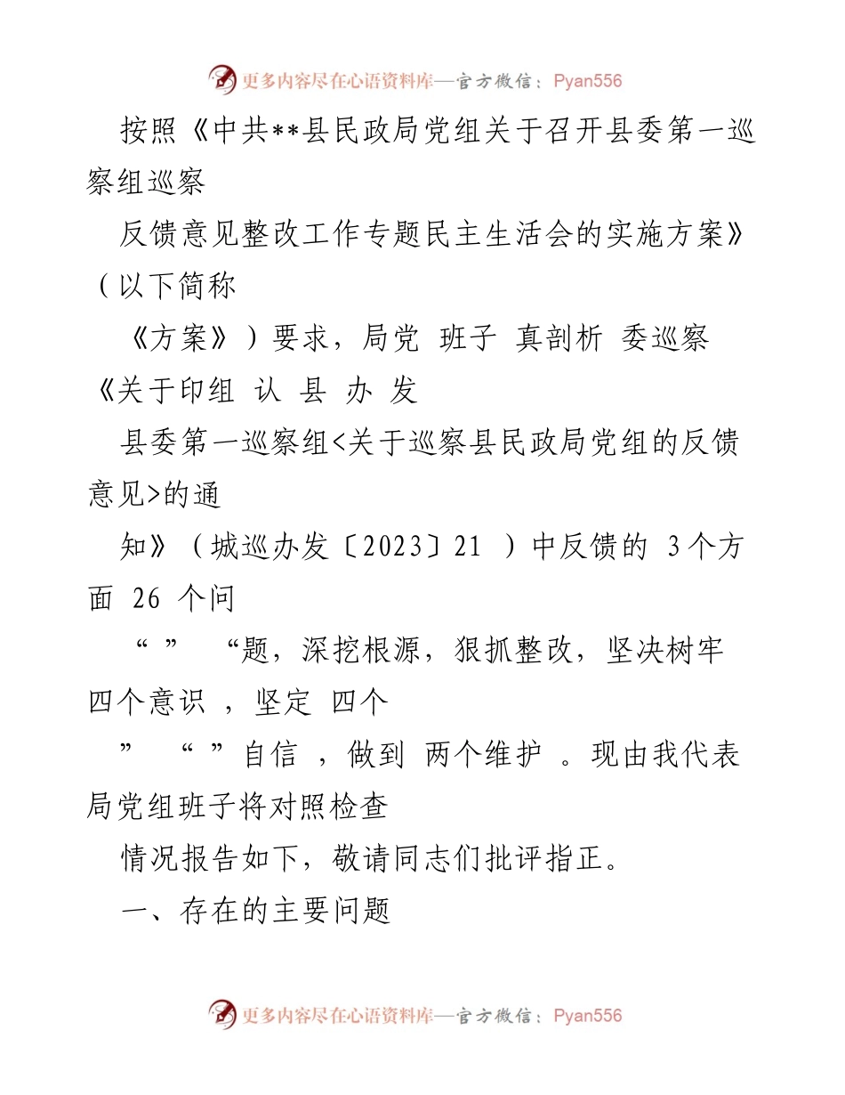 [发言] 民政局党组专题民主生活会 - 深入剖析巡察反馈问题，推动民政工作高质量发展.docx_第1页