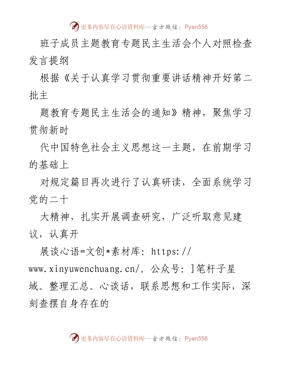 [发言] 民主生活会 - 班子成员主题教育专题民主生活会个人对照检查发言提纲.docx_第1页