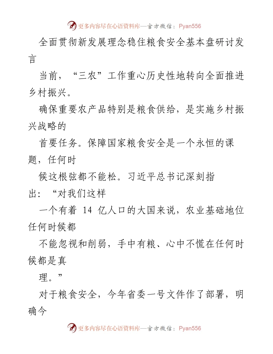 [发言] 研讨会 - 全面推进乡村振兴与粮食安全的战略部署.docx_第1页