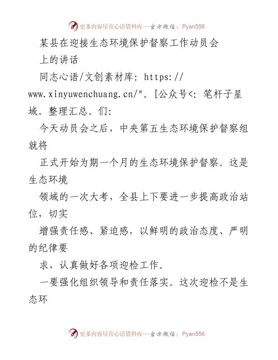 [发言] 生态环境保护督察工作动员会 - 强化责任落实，迎接生态环境保护督察挑战.docx_第1页