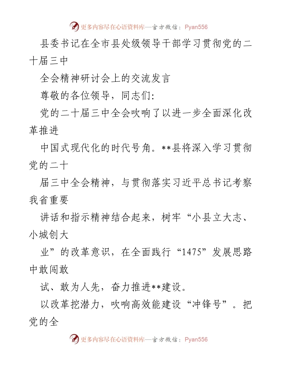 [发言] 研讨会 - 深入学习贯彻党的二十届三中全会精神，推动改革与发展.docx_第1页