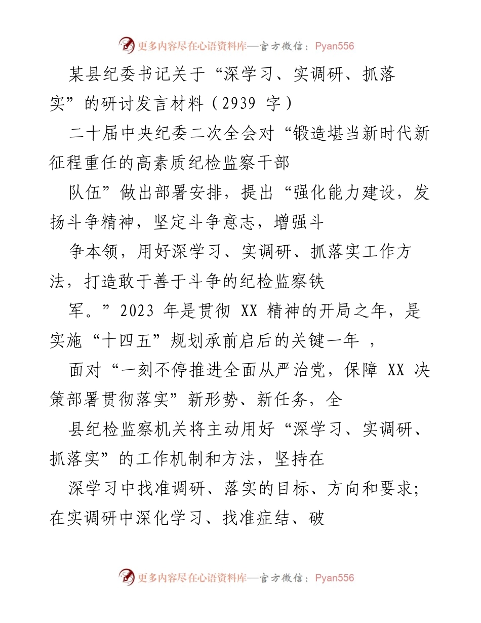 [发言] 研讨会 - 深学习、实调研、抓落实：推动纪检监察工作高质量发展的新路径.docx_第1页