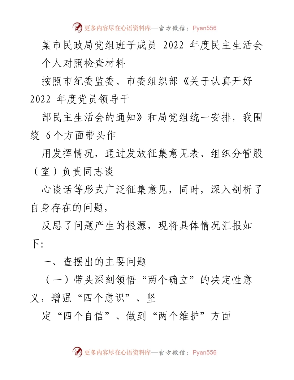 [发言] 民政局党组民主生活会 - 2022年度个人对照检查材料总结.docx_第1页