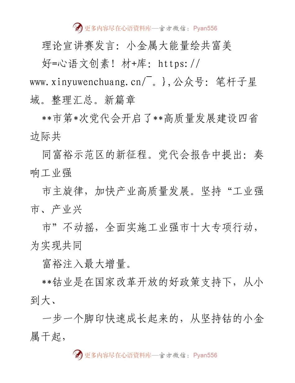 [发言] 理论宣讲赛 - 小金属大能量：推动共同富裕的新征程.docx_第1页