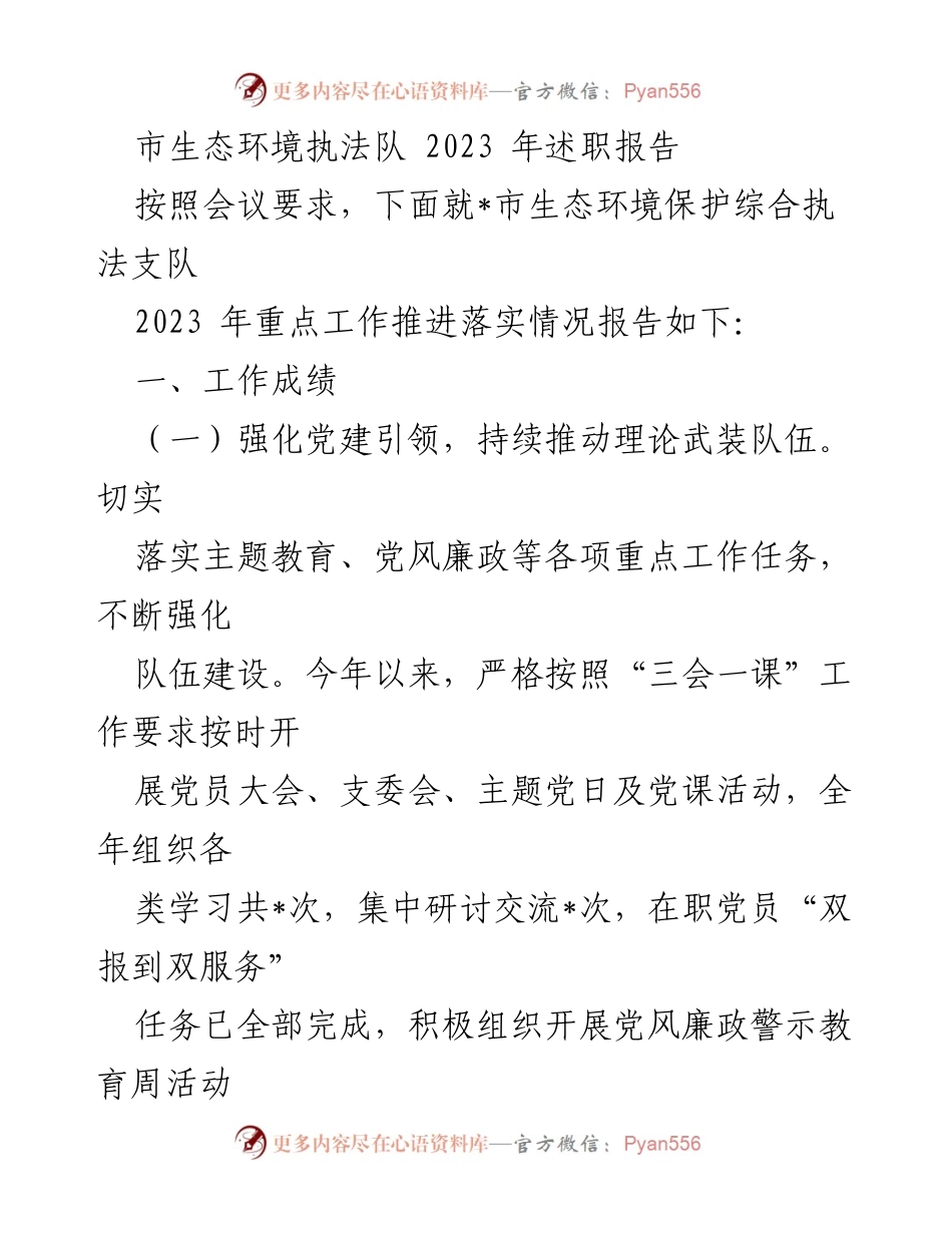 [发言] 生态环境执法队年度总结会议 - 市生态环境执法队2023年度述职报告.docx_第1页