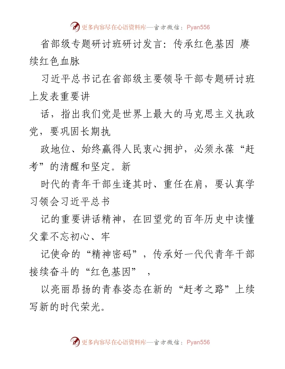 [发言] 省部级专题研讨班 - 传承红色基因，续写新时代荣光.docx_第1页