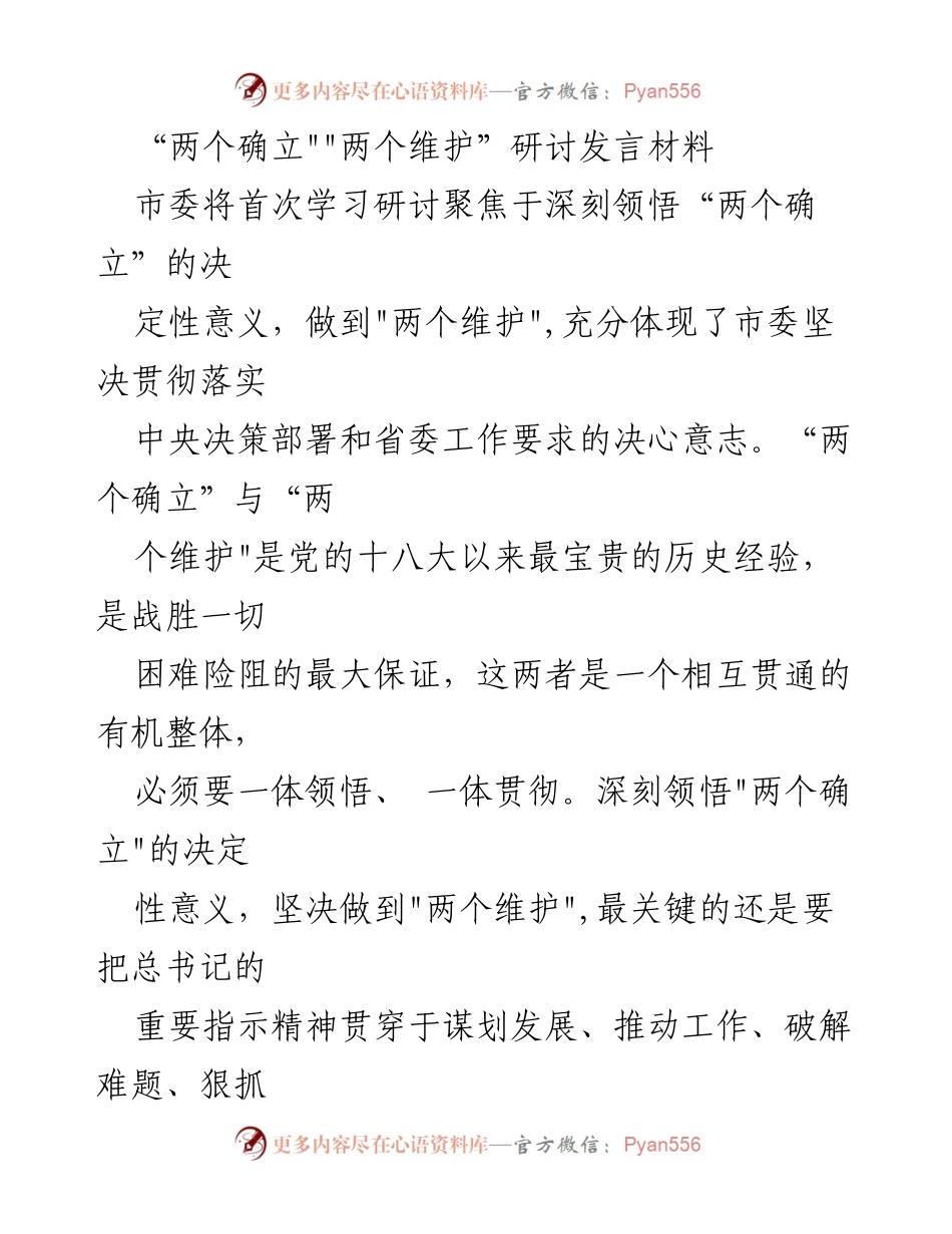 [发言] 研讨会 - 深刻领悟“两个确立”与“两个维护”的决定性意义.docx_第1页