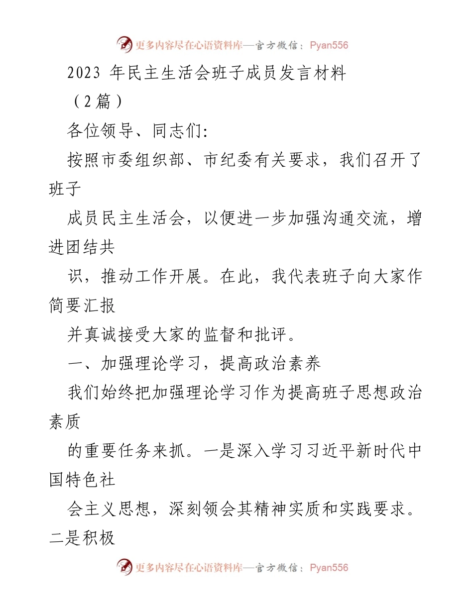 [发言] 民主生活会 - 班子成员发言材料总结与反思.docx_第1页