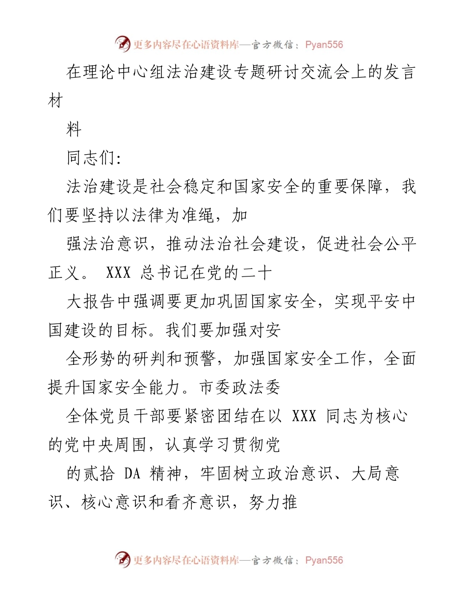 [发言] 理论中心组法治建设专题研讨交流会 - 推动法治建设与国家安全的有效落实.docx_第1页