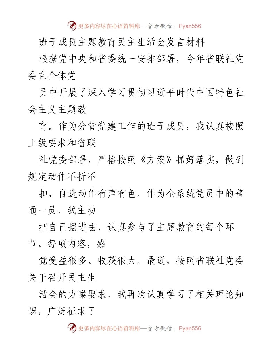 [发言] 班子成员主题教育民主生活会 - 深入剖析自我，提升理论学习与作风建设.docx_第1页