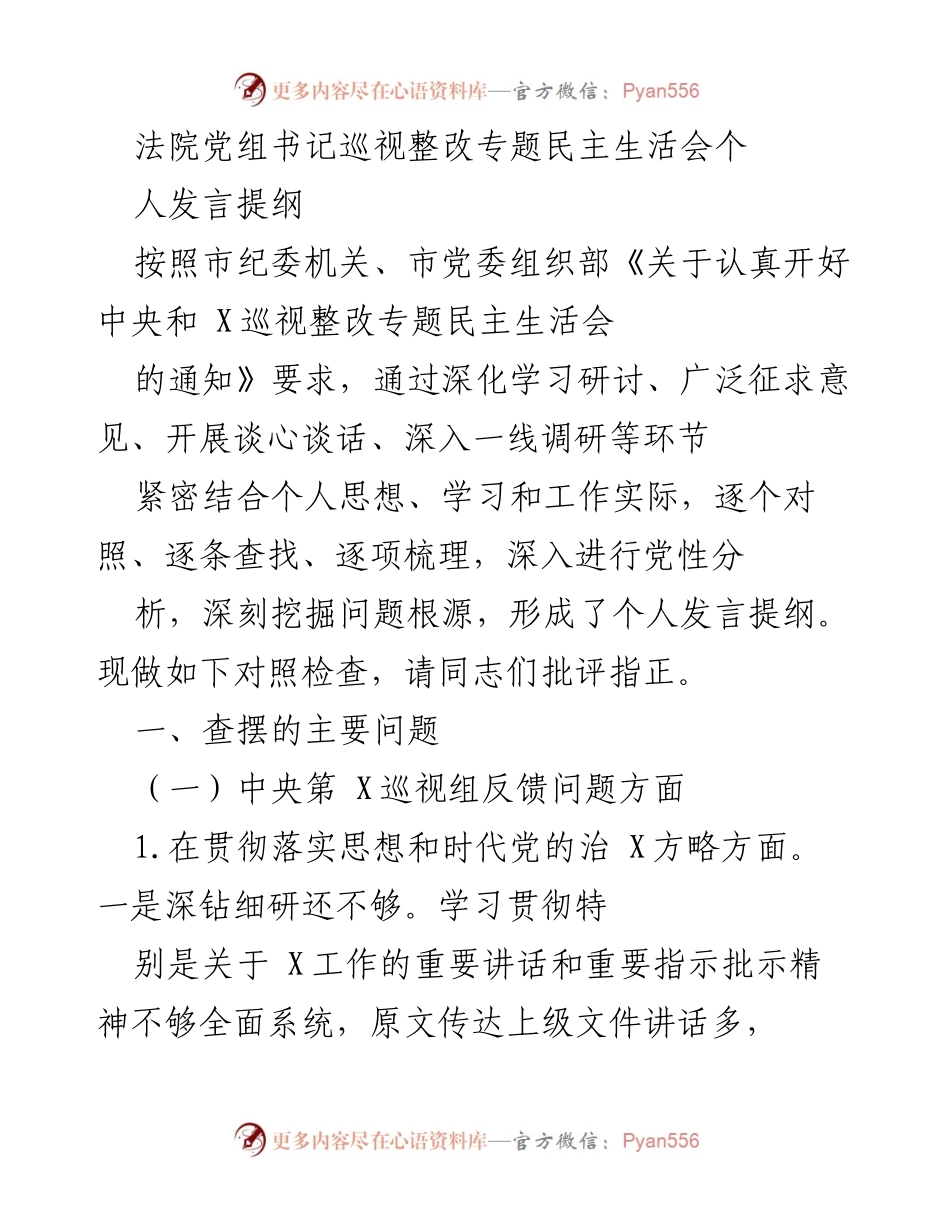 [发言] 法院党组书记巡视整改专题民主生活会 - 个人发言提纲与问题查摆.docx_第1页
