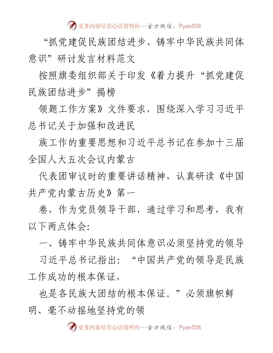 [发言] 研讨会 - 抓党建促民族团结进步，铸牢中华民族共同体意识的实践体会.docx_第1页