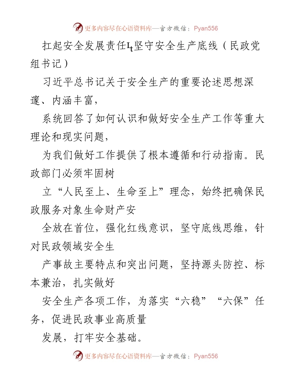 [发言] 民政系统安全生产会议 - 扛起安全发展责任，坚守安全生产底线.docx_第1页