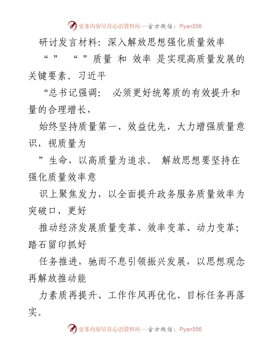 [发言] 研讨会 - 深入解放思想，强化质量与效率意识_2.docx_第1页