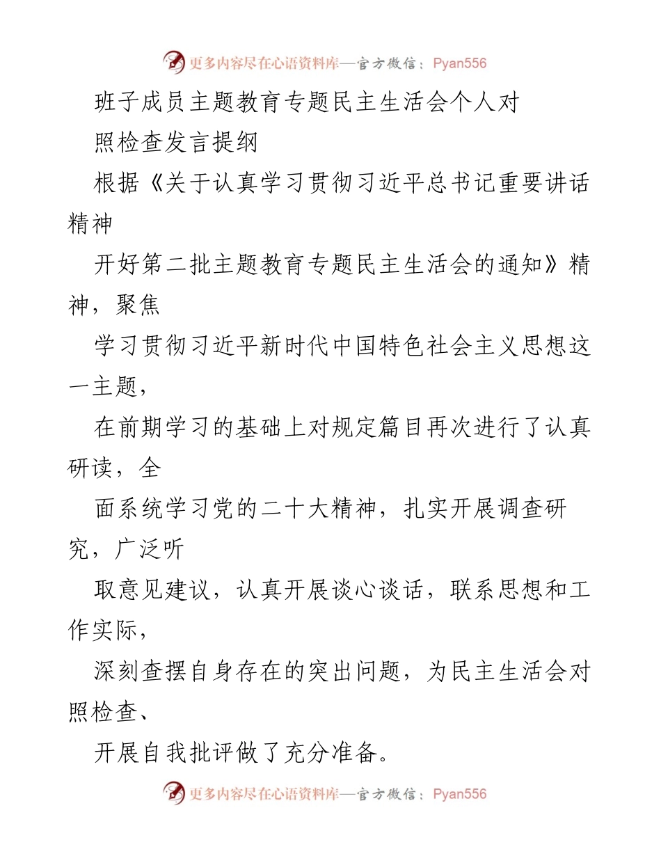 [发言] 民主生活会 - 班子成员主题教育民主生活会个人对照检查发言提纲.docx_第1页