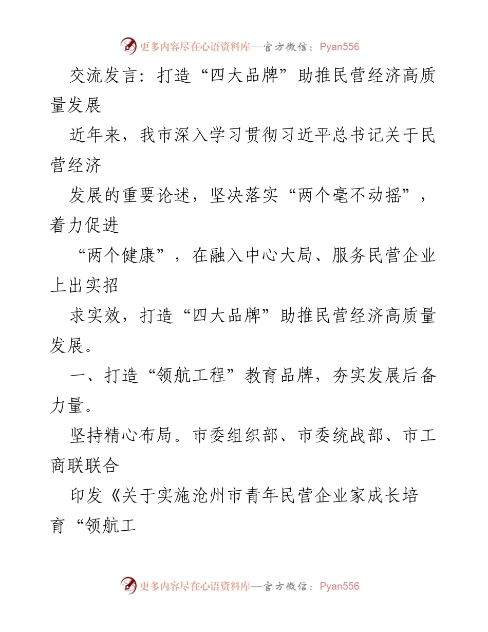 [发言] 民营经济发展会议 - 打造“四大品牌”助推民营经济高质量发展_1.docx_第1页