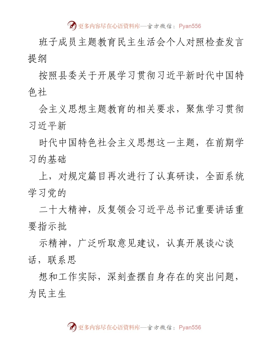[发言] 民主生活会 - 班子成员主题教育个人对照检查发言提纲.docx_第1页