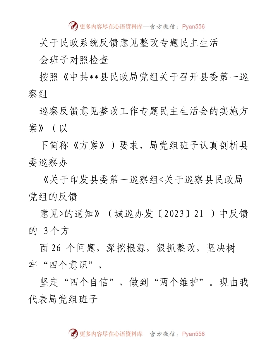 [发言] 民政系统 - 民政局党组班子整改反馈意见专题民主生活会对照检查报告.docx_第1页
