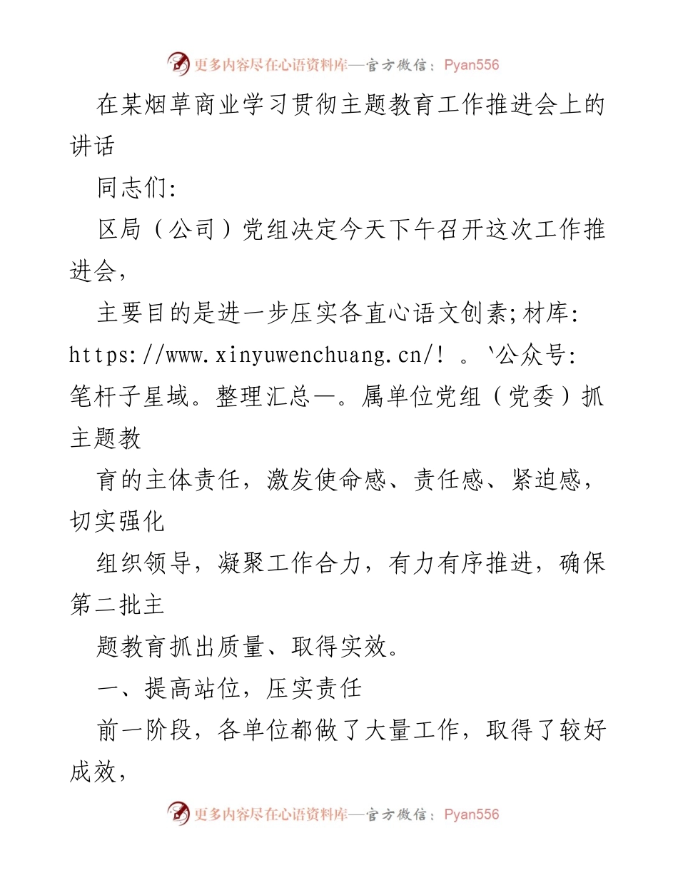 [发言] 烟草商业主题教育工作推进会 - 加强责任落实，确保主题教育实效.docx_第1页