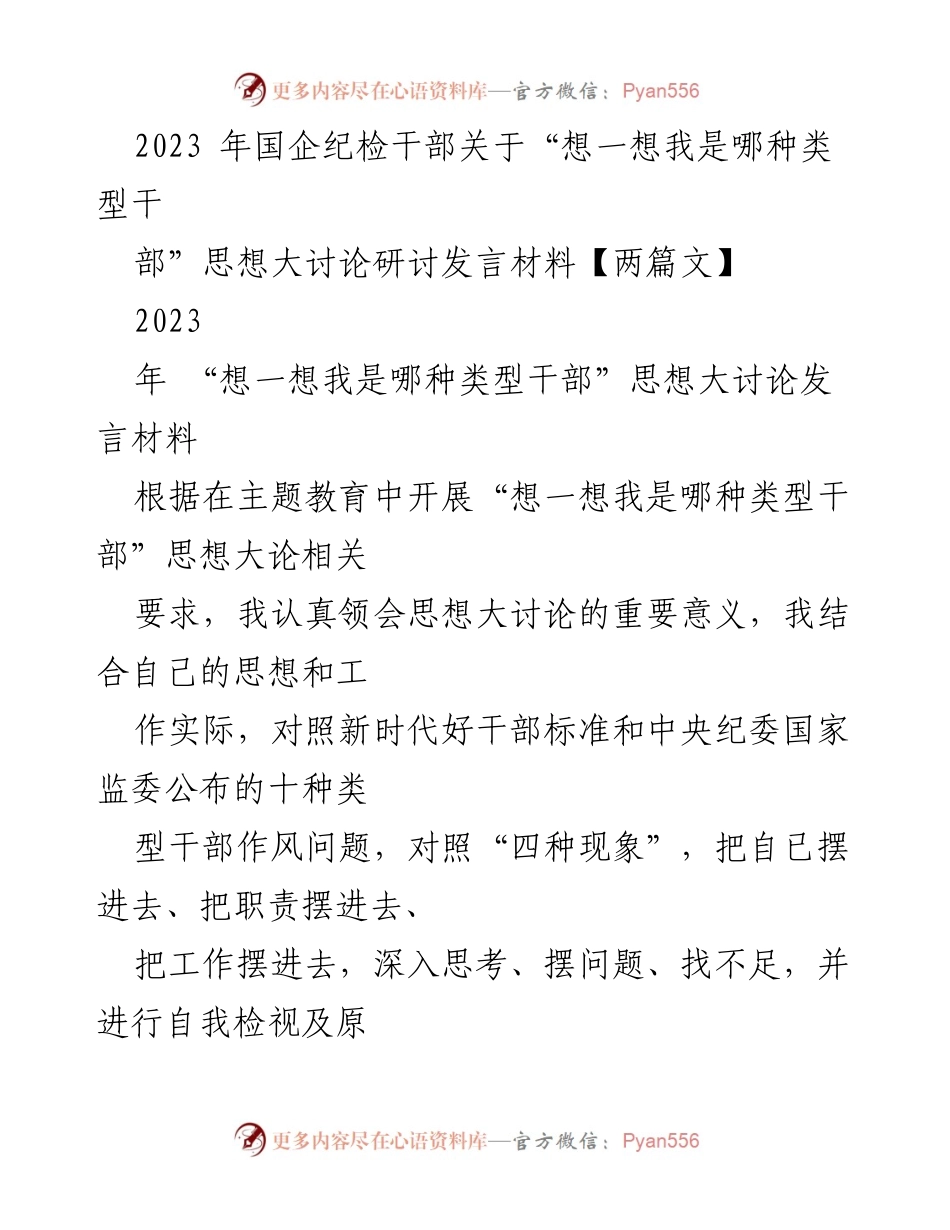 [发言] 研讨会 - 2023年国企纪检干部思想大讨论发言材料分析与自我检视.docx_第1页