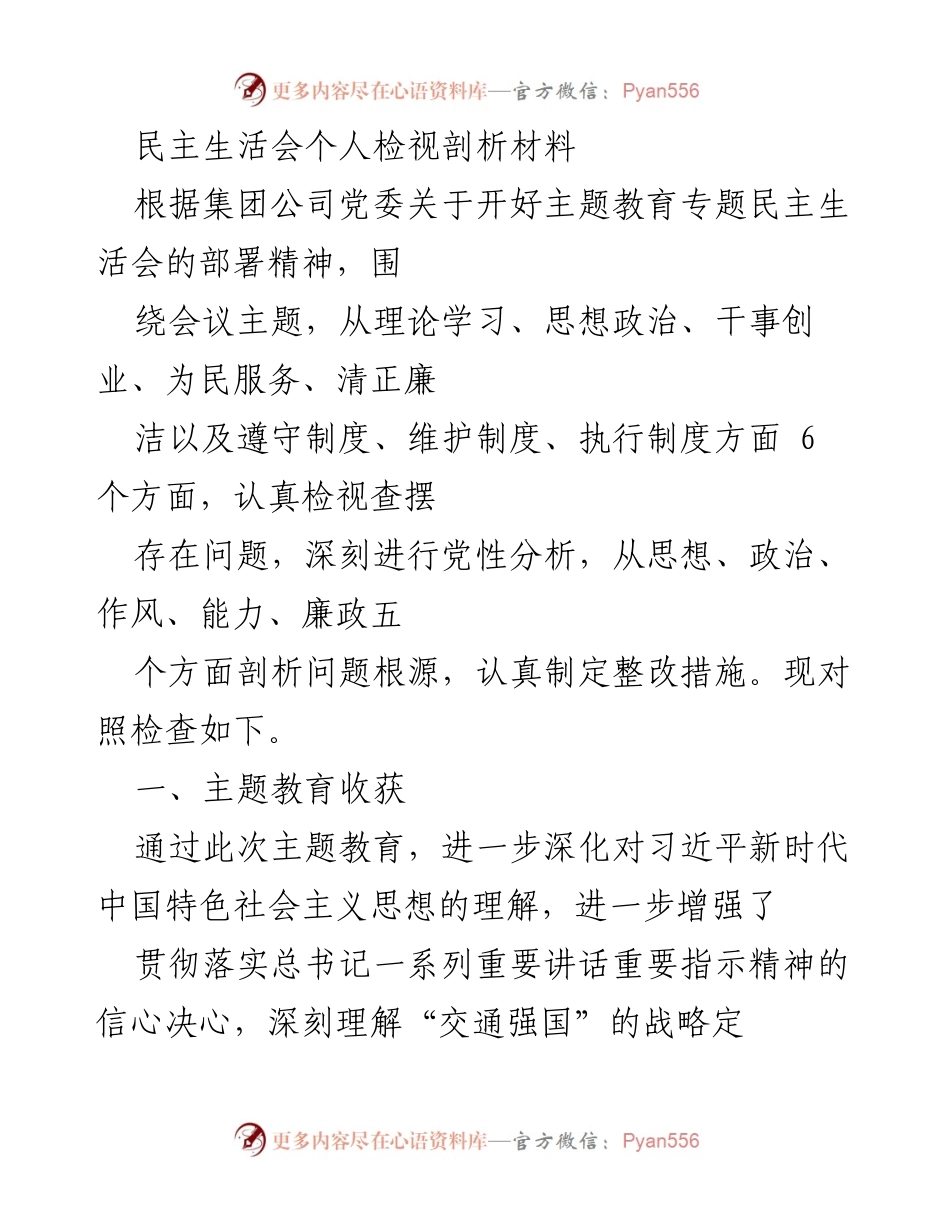 [发言] 民主生活会 - 深入检视与剖析：主题教育成果与整改措施.docx_第1页