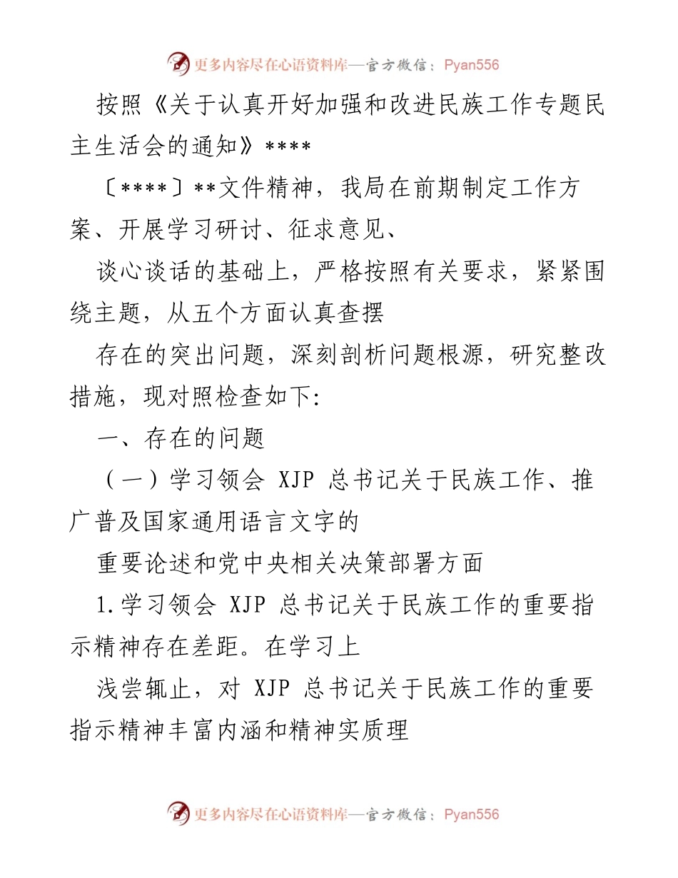 [发言] 民族工作专题民主生活会 - 民族工作问题查摆与整改措施分析.docx_第1页