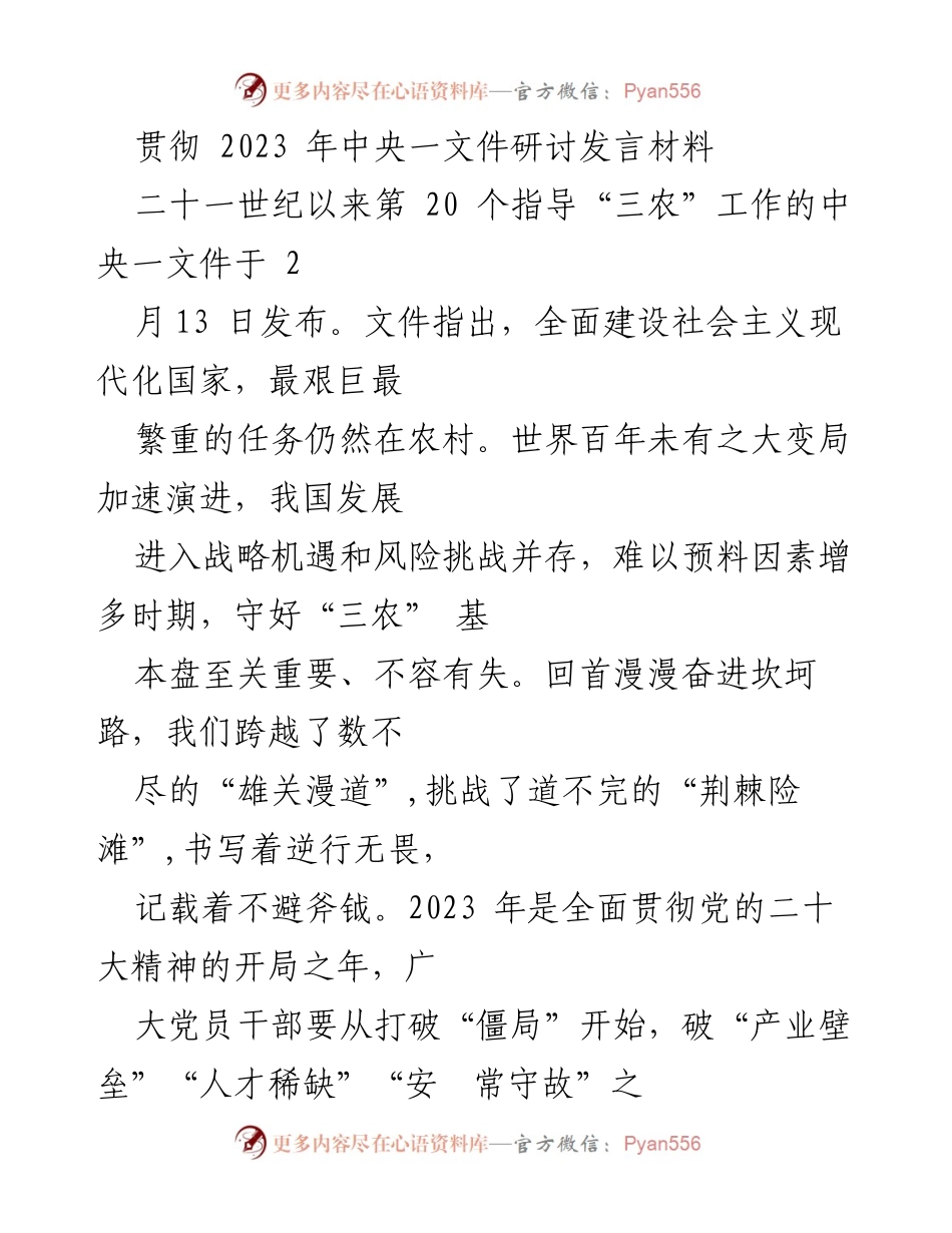 [发言] 研讨会 - 贯彻中央一文件，推动乡村振兴新局面.docx_第1页