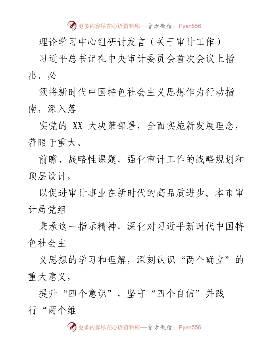 [发言] 理论学习中心组研讨 - 深化理论学习，提升审计工作质量.docx_第1页