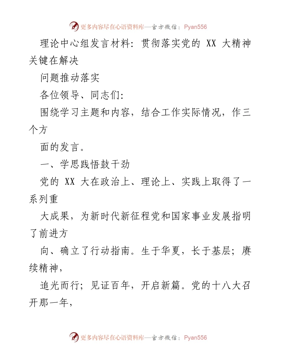 [发言] 理论中心组 - 贯彻落实党的 XX 大精神，推动问题解决与发展.docx_第1页