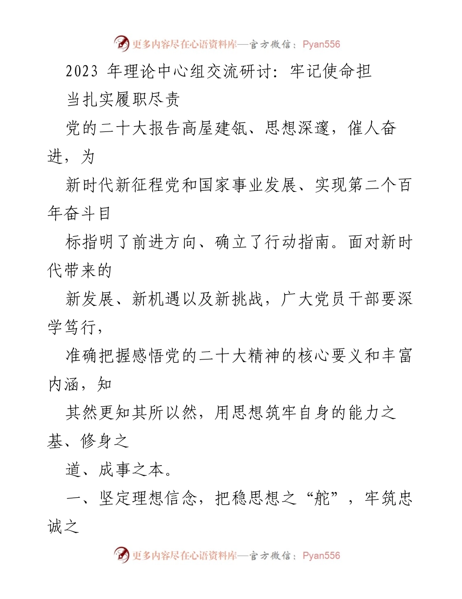 [发言] 理论中心组交流研讨 - 牢记使命担当，扎实履职尽责.docx_第1页