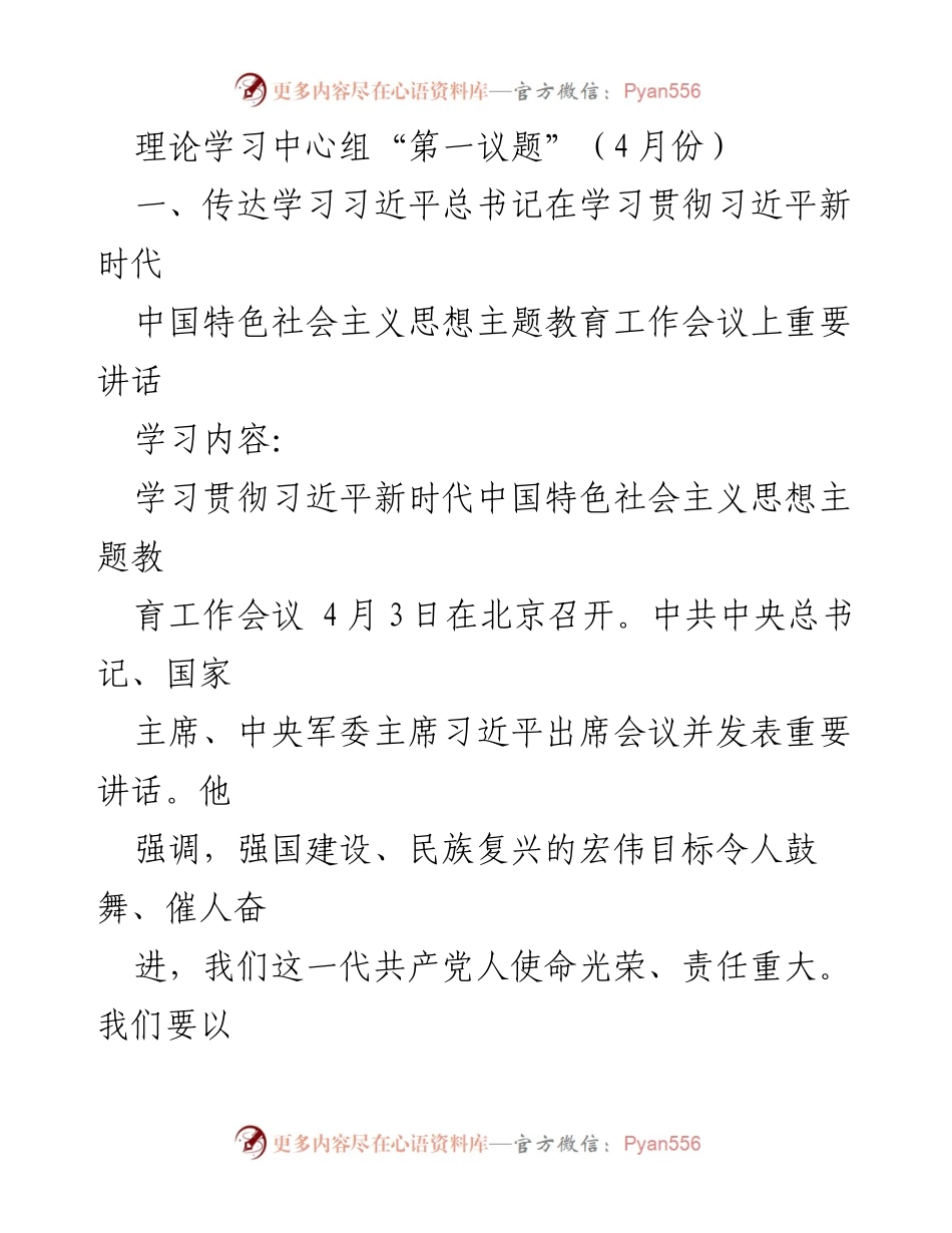 [发言] 理论学习中心组会议 - 深入学习贯彻习近平新时代中国特色社会主义思想主题教育的重要讲话.docx_第1页