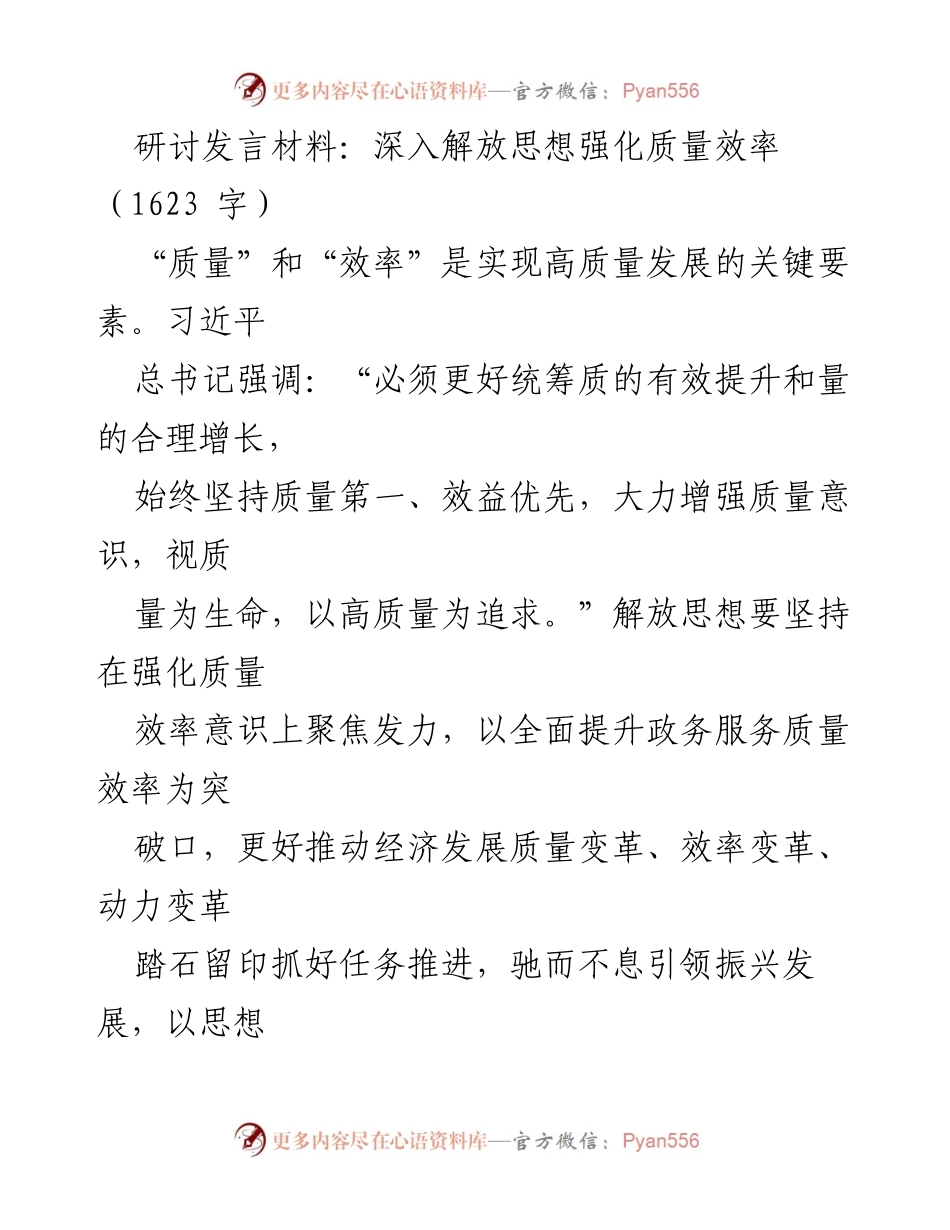 [发言] 研讨会 - 深入解放思想，强化质量与效率意识_1.docx_第1页