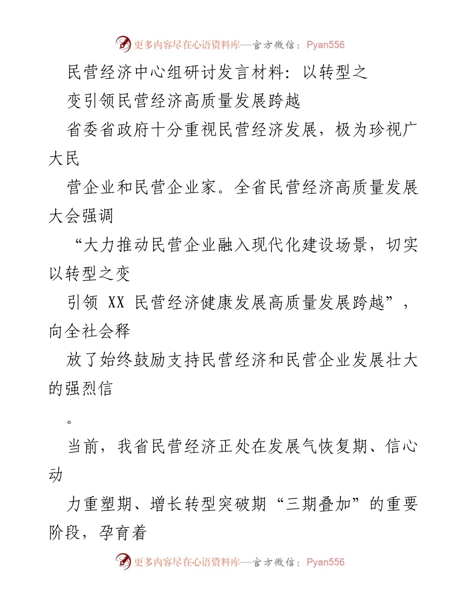 [发言] 民营经济中心组研讨 - 引领转型：推动民营经济高质量发展的新路径.docx_第1页