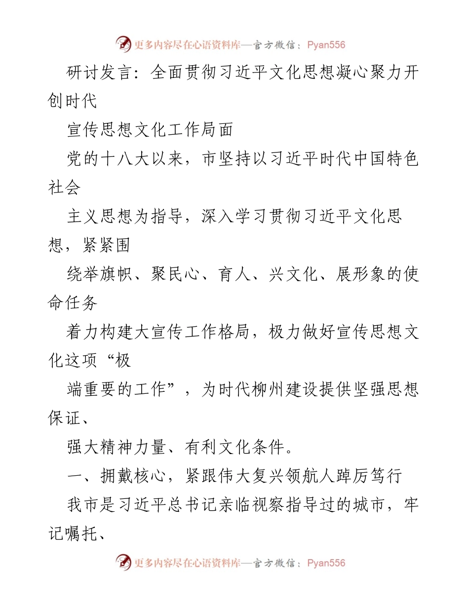 [发言] 研讨会 - 全面贯彻习近平文化思想，推动柳州文化事业高质量发展.docx_第1页