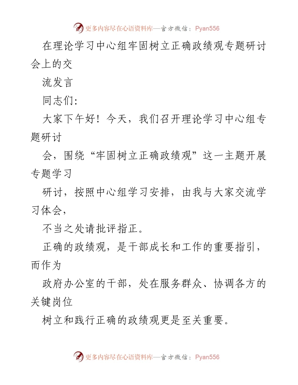 [发言] 理论学习中心组专题研讨会 - 牢固树立正确政绩观的重要性与实践.docx_第1页