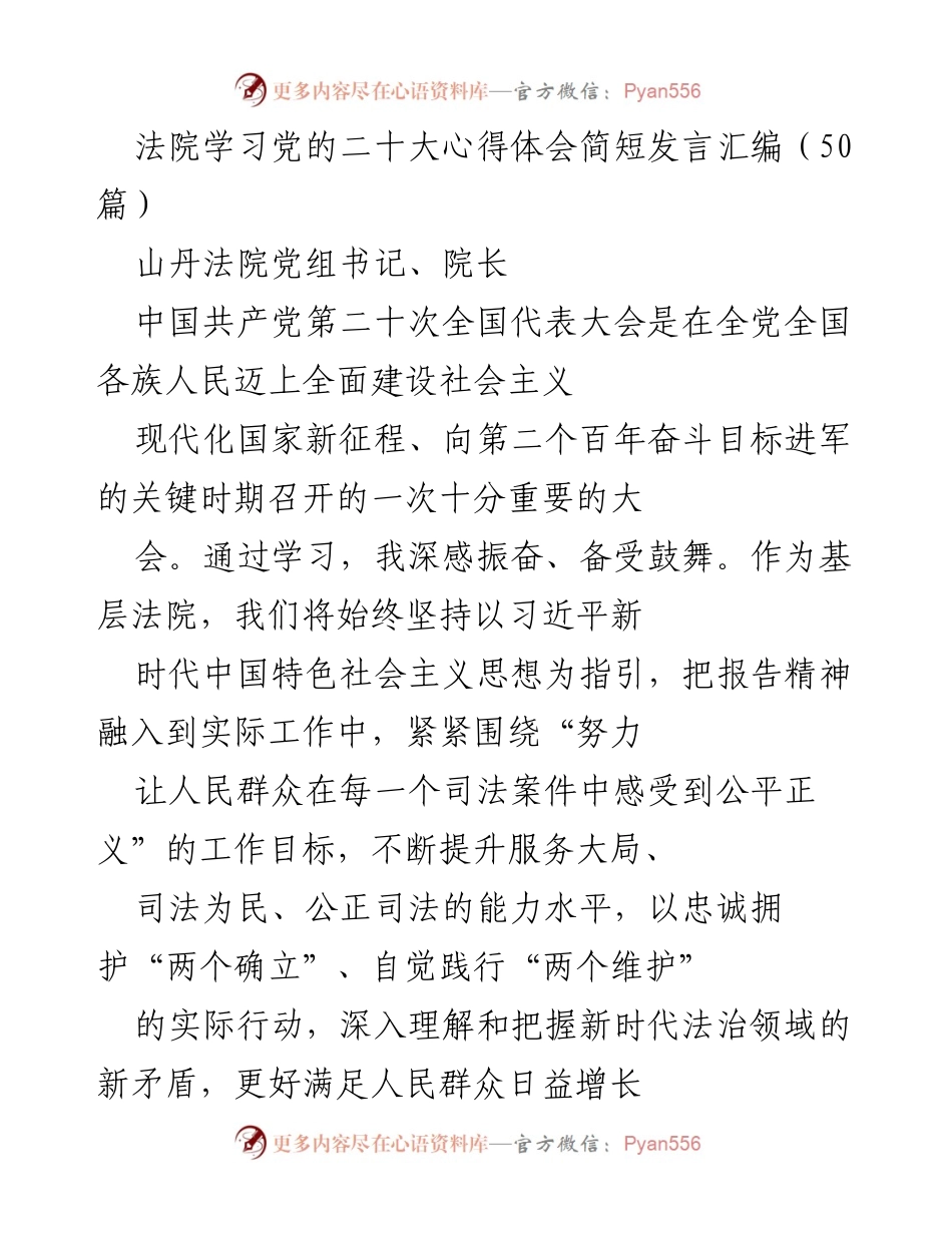 [发言] 法院学习党的二十大精神 - 深入学习贯彻党的二十大精神，推动司法公正与服务提升.docx_第1页