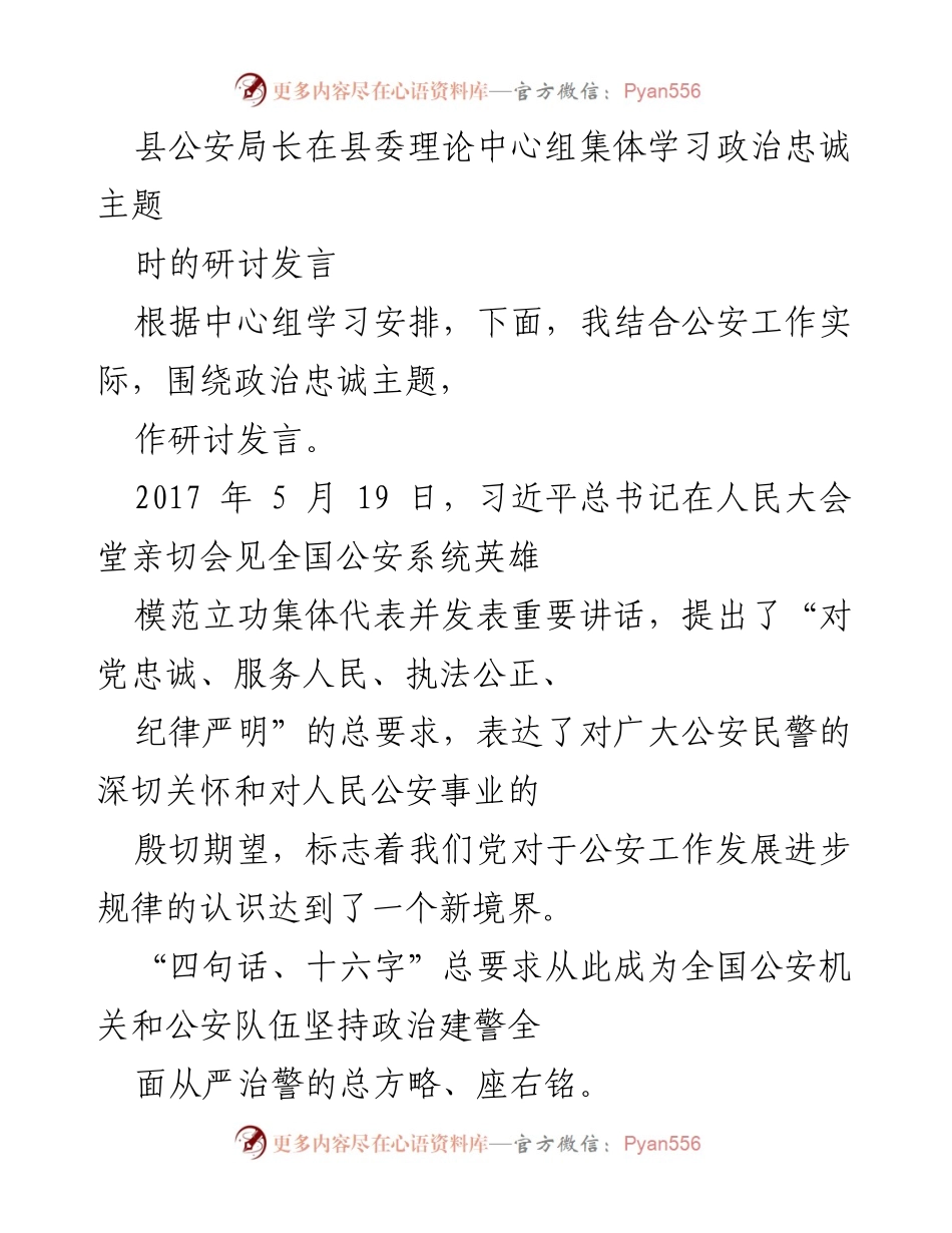 [发言] 理论中心组学习 - 深刻理解政治忠诚，践行公安工作使命.docx_第1页