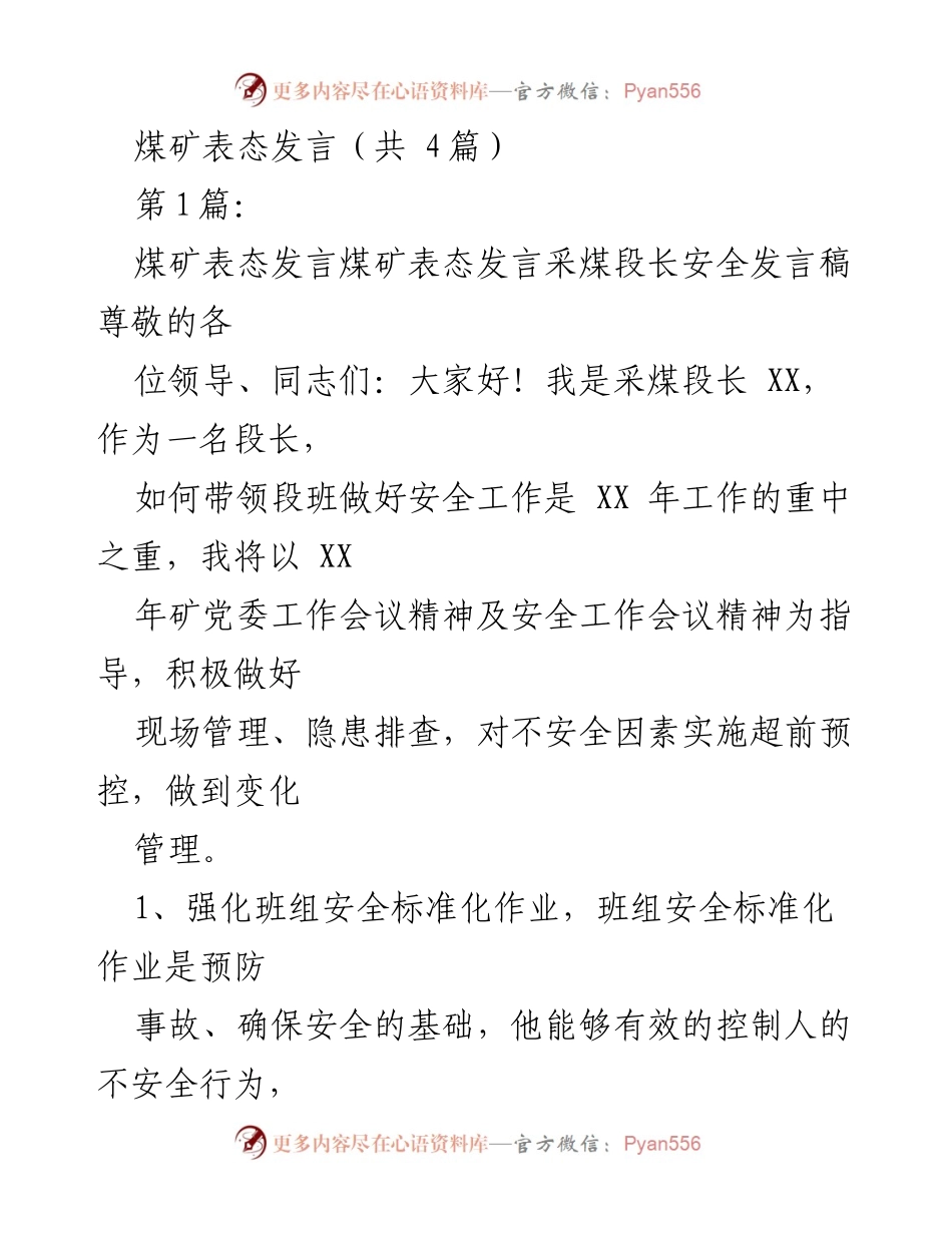 [发言] 煤矿安全会议 - 煤矿安全管理与责任落实的表态发言.docx_第1页
