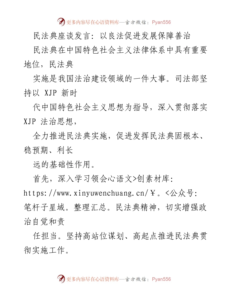[发言] 民法典座谈会 - 推动民法典实施，促进法治建设与社会发展.docx_第1页