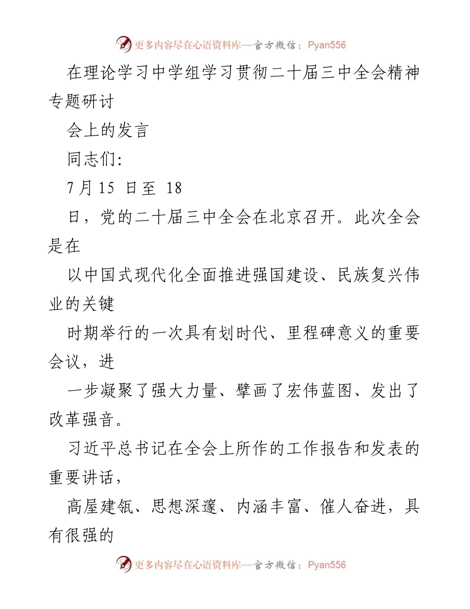 [发言] 理论学习会议 - 深入学习贯彻党的二十届三中全会精神的发言.docx_第1页