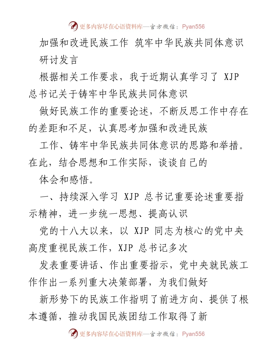 [发言] 研讨会 - 加强民族工作，筑牢中华民族共同体意识.docx_第1页