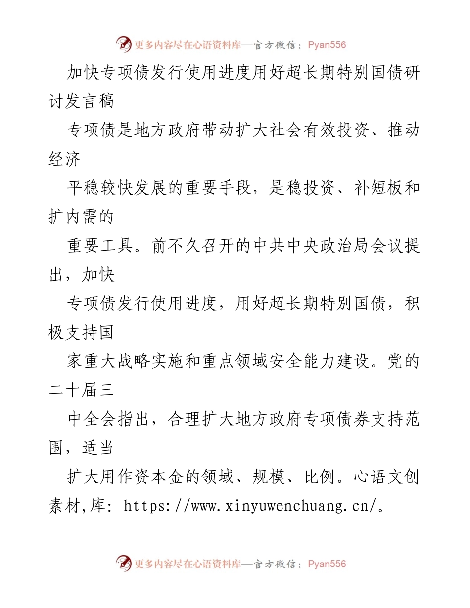 [发言] 研讨会 - 加快专项债发行：推动经济高质量发展的新动能.docx_第1页