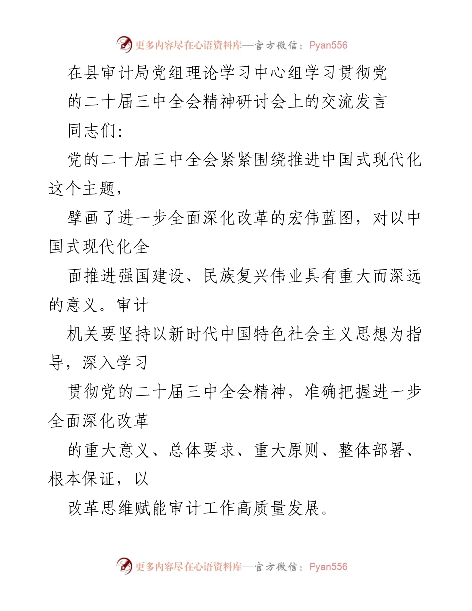 [发言] 研讨会 - 深入学习贯彻党的二十届三中全会精神，推动审计高质量发展.docx_第1页