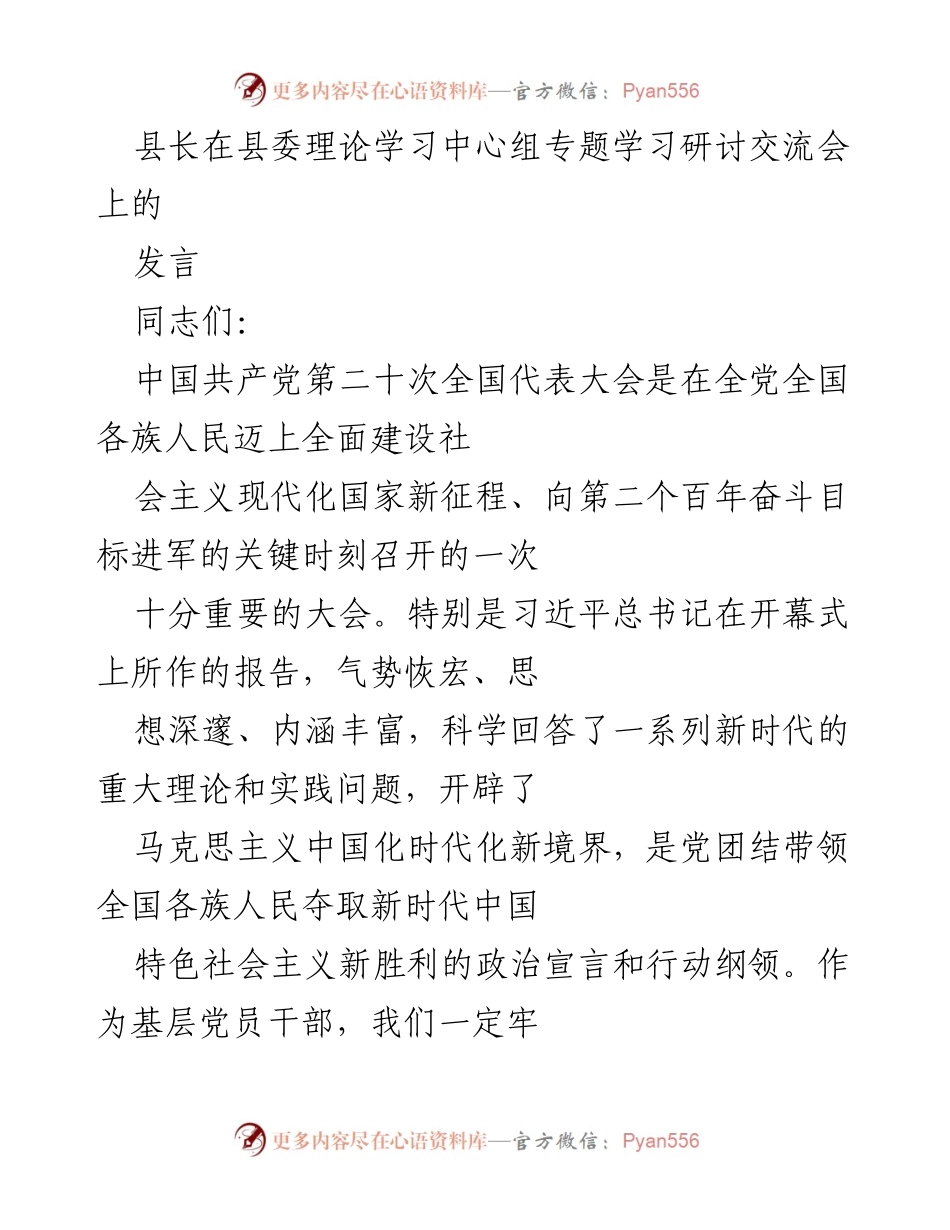 [发言] 理论学习中心组专题学习研讨交流会 - 深入学习贯彻党的二十大精神，推动县域经济高质量发展.docx_第1页
